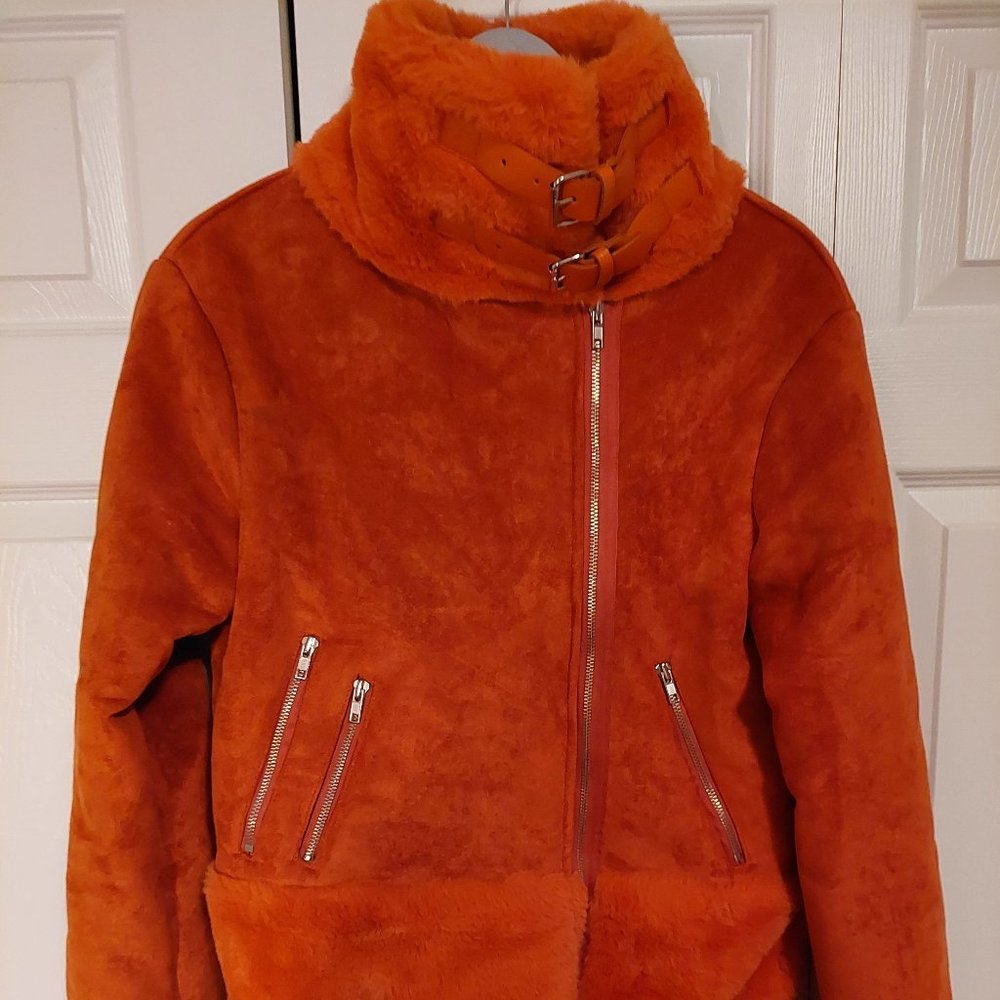 Loeil Faux Shearling Moto Jacket Orange